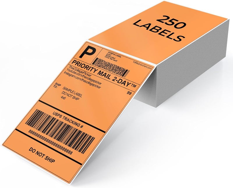 YIKIADA Orange Shipping Thermal Labels 4 × 6 Inch Vinyl Self-Adhesive Fanfold Direct Stickers Waterproof Perforated Printer Decal for Office Warehouse Home Address 250 PCS - Image 1